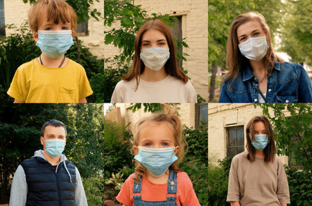 Happy positive people collage, young women, man and kids on protective medical mask from face,...