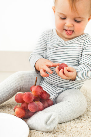 Cute baby girl are sitting with grapes white background interior. Funny child explores the fruit