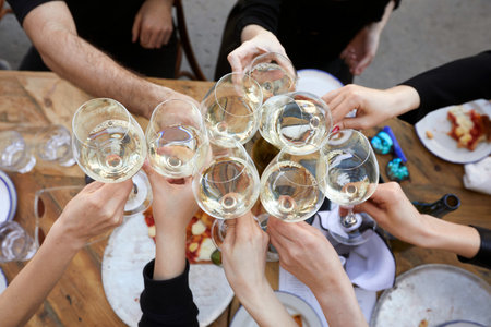Friends clinking wineglasses with white wine during party outdoorsの写真素材