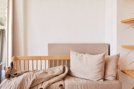 Cozy sofa with cushions and blanket against white wallの写真素材