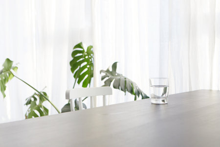 Glass of water placed table near Swiss cheese plant daylightの写真素材