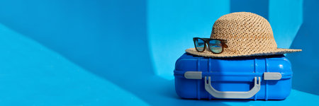 Suitcase straw hat and sunglasses in bright blue studio banerの写真素材