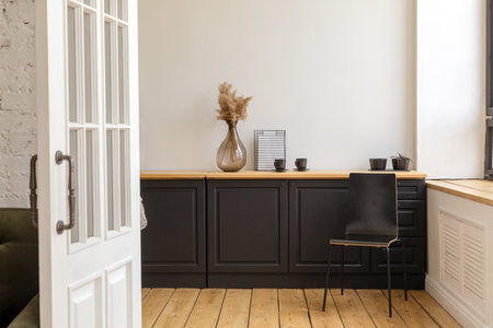 Interior of modern minimal kitchen in apartmentの写真素材