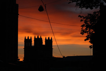 Summer sunset in cityの写真素材