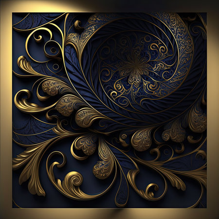 Dark blue background with gold ornament. 3D illustration. 3D renderingの素材