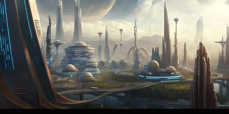 Futuristic city in the form of a planet. 3d renderingの素材
