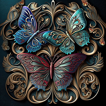 Decorative butterfly with floral ornament on dark background. 3d illustration.の素材