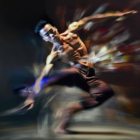 Young man dancing breakdance in modern dance studio, motion blur.の素材