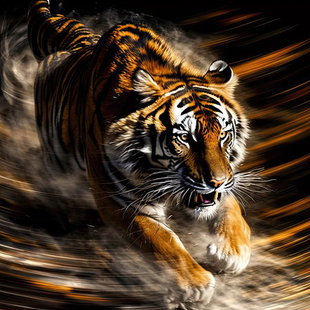 Tiger on a dark background with fire effect. Digital painting.の素材