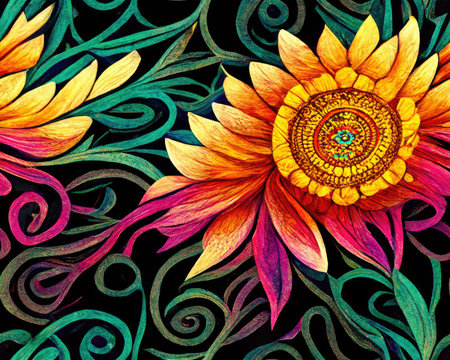 seamless pattern with decorative sunflowers on black background.の素材