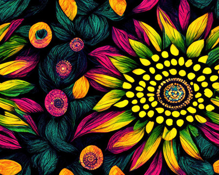 pattern with multicolored flowers on a black backgroundの素材