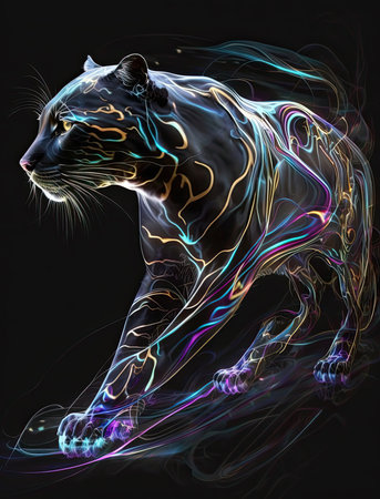 Digital Illustration of a Tiger with Colorful Abstract Light Trail in the Backgroundの素材