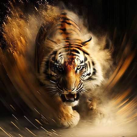 Tiger in the smoke with a fire effect. Digital painting.の素材