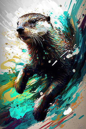 illustration of an otter on a colorful background with splashesの素材