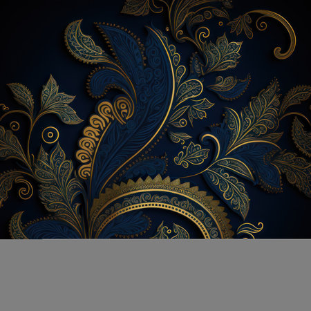 Vector illustration. Floral pattern on blue background with golden elements.の素材