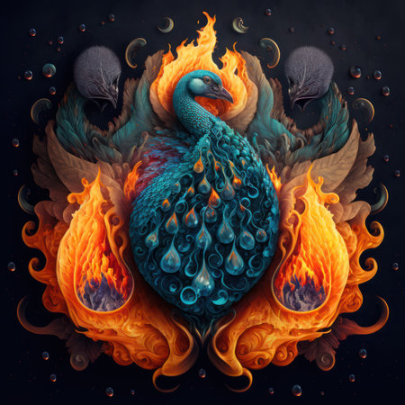 Flaming peacock on a black background. 3d renderingの素材