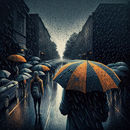 Rainy day in the city. A man with an umbrella walks along the street.の素材