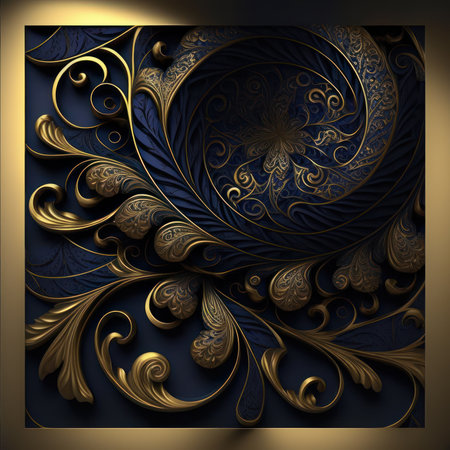 3D render of abstract fractal background with golden ornament. Computer generated graphics.の素材