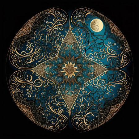 Ornate floral pattern in the form of an egg on a dark background.の素材