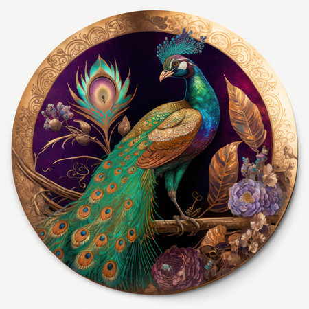 Peacock with feathers on a background of a round frame.の素材