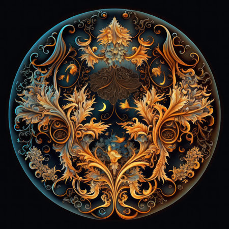 Ornament in the form of a circle with a pattern on a black backgroundの素材