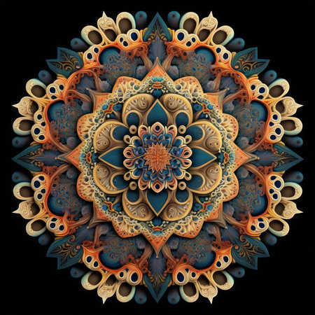 Colored mandala pattern on black background. Computer generated graphics.の素材