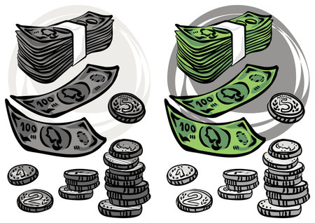 coins and paper money monochrome and colorful business finance illustration のイラスト素材