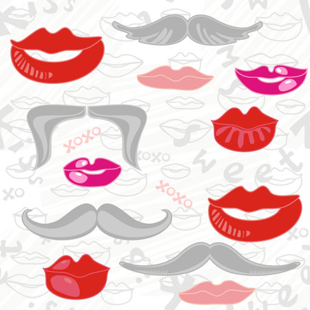 Delicate seamless pattern in pink red and gray with sweet lips dark moustaches and text on white scratched background のイラスト素材