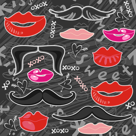 lips moustaches and hearts pink red gray seamless pattern on dark scratched background のイラスト素材
