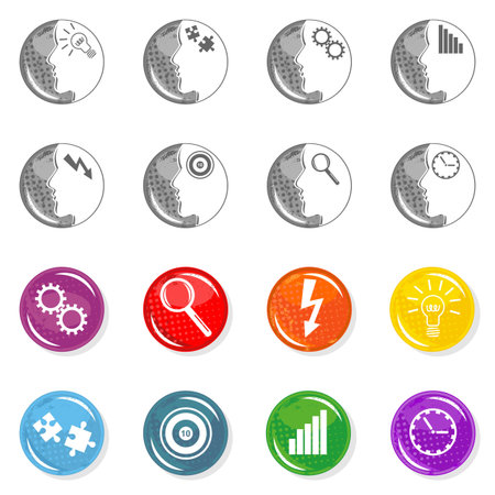 colorful and monochrome business target growth development time research idea people set on white background のイラスト素材