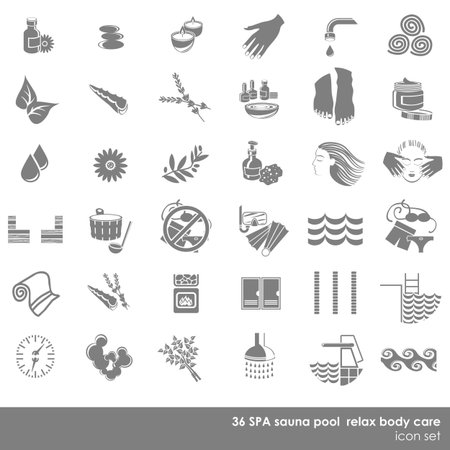36 spa sauna pool relax body care monochrome isolated icon set on white background のイラスト素材