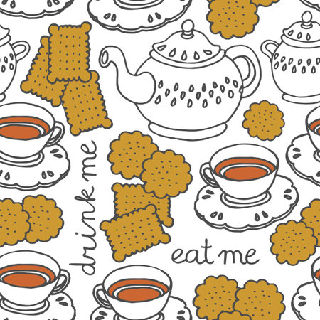 "eat me drink me" tea and cookies sweet seamless pattern on whiteのイラスト素材