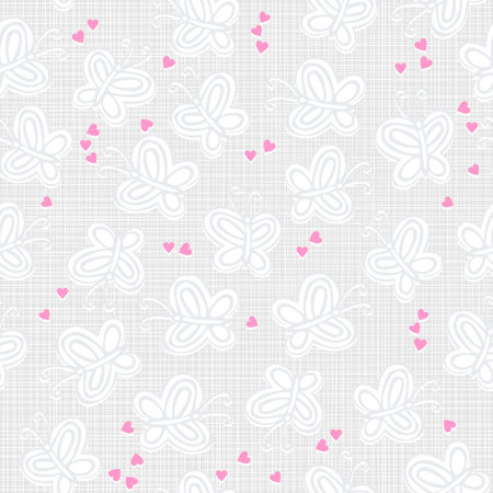 gray and white butterflies and pink hearts on light patterned background seamless patternのイラスト素材