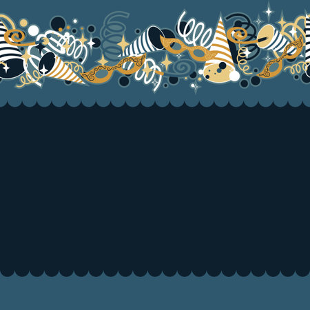 blue navy yellow gold white party time background with Venetian masks confetti and serpentines horizontal seamless pattern のイラスト素材