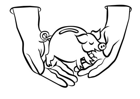 saving piggy bank hold in two hands monochrome black and white business finance illustration のイラスト素材