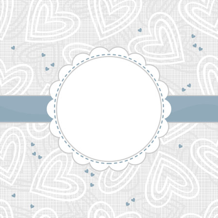 white and blue border hearts on light patterned background with white frame and blue ribbon horizontal backgroundのイラスト素材