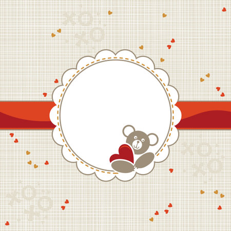 white beige yellow orange red animal childish seamless pattern with little hearts and round frame with teddy bear holding heart on red ribbon with place for your text scrapbook backgroundのイラスト素材