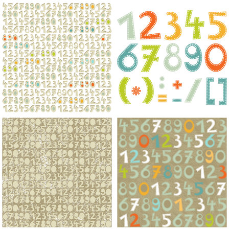 colorful numbers education set and number seamless pattern on light and dark scrapbook background setのイラスト素材