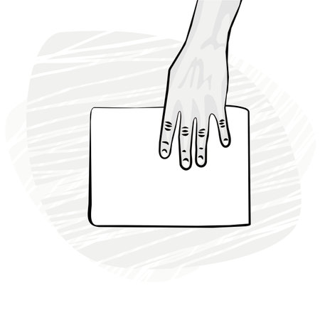 human hand holding top of white blank piece of paper monochrome illustration のイラスト素材
