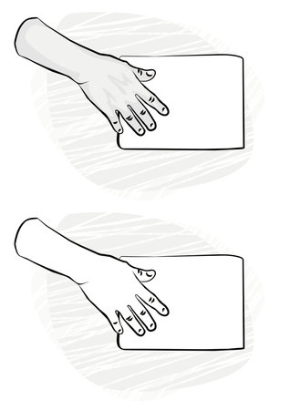 human hand holding left side of white blank piece of paper monochrome and black and white illustration のイラスト素材