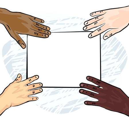 african american caucasian indian human hands holding white blank piece of paper colorful illustration のイラスト素材