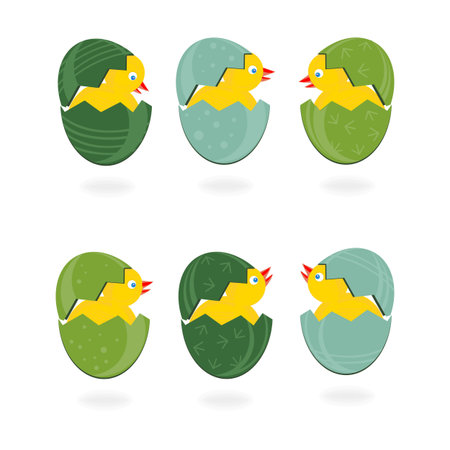 Green turquoise patterned Easter eggs in rows with little chickens on white background holiday illustrationのイラスト素材