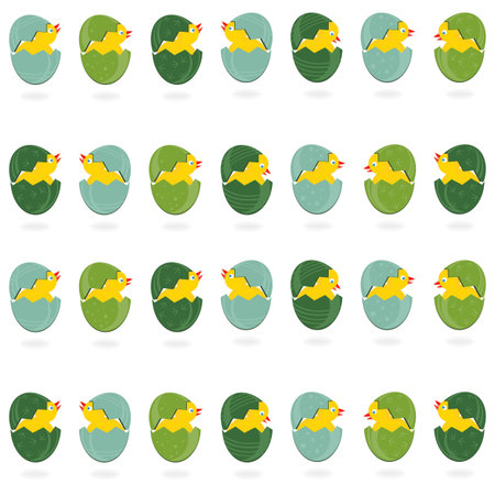 Green turquoise patterned Easter eggs in rows with little chickens on white background holiday seamless patternのイラスト素材