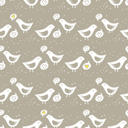 white birds singing of love on dark background with little dots monochrome romantic love marriage wedding seamless patternのイラスト素材