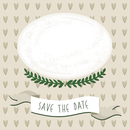wedding save the date card with delicate grunge oval blank portrait place on brown heart patterned background のイラスト素材