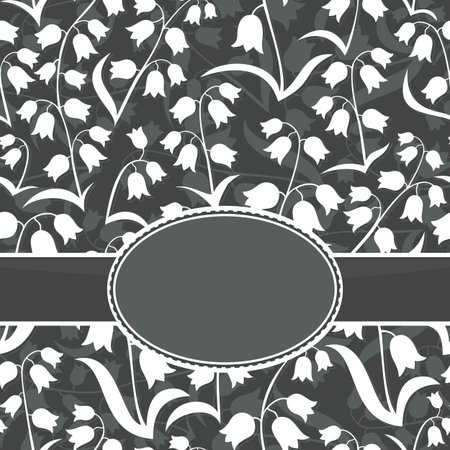 monochrome delicate silhouette flowers with leaves lilies of the valley type on dark background floral background with ribbon and blank frame with place for your textのイラスト素材