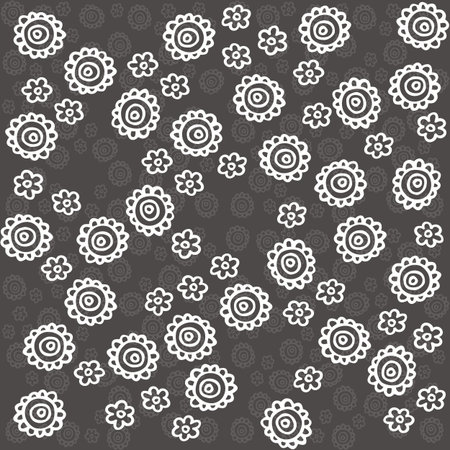 monochrome delicate white lace flowers on dark gray background cartoon style floral seamless patternのイラスト素材