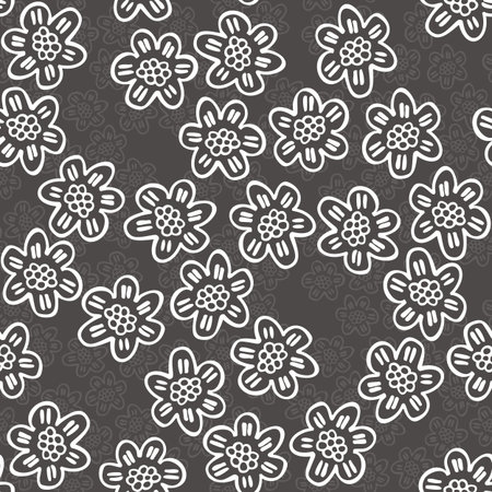 monochrome delicate white lace flowers with petals with lines on dark gray background cartoon style floral seamless patternのイラスト素材