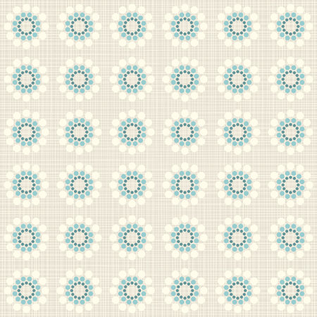 delicate beige blue turquoise flower shaped geometric round elements in regular rows on beige background seamless pattern のイラスト素材