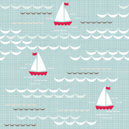 red boats on blue brown beige white sea with delicate waves summer holiday seamless pattern on blue patterned background のイラスト素材